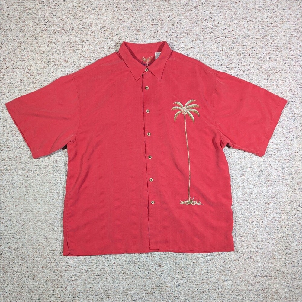Bamboo Cay Tropical Camp Shirt Men 2XL Coral Red Embroidered Coconut/Palm Tree